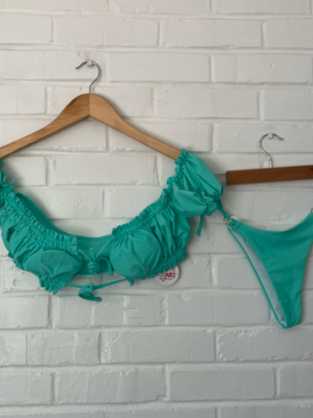 HAUTE SHORE Teal Ruffle Off-Shoulder Bikini Set Size Small Rio Cut